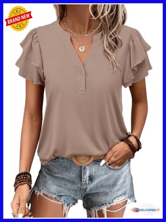 Tops - Women's Ruffle Sleeve V Neck Blouse Button Down Short Sleeve Blouse Loose Fit